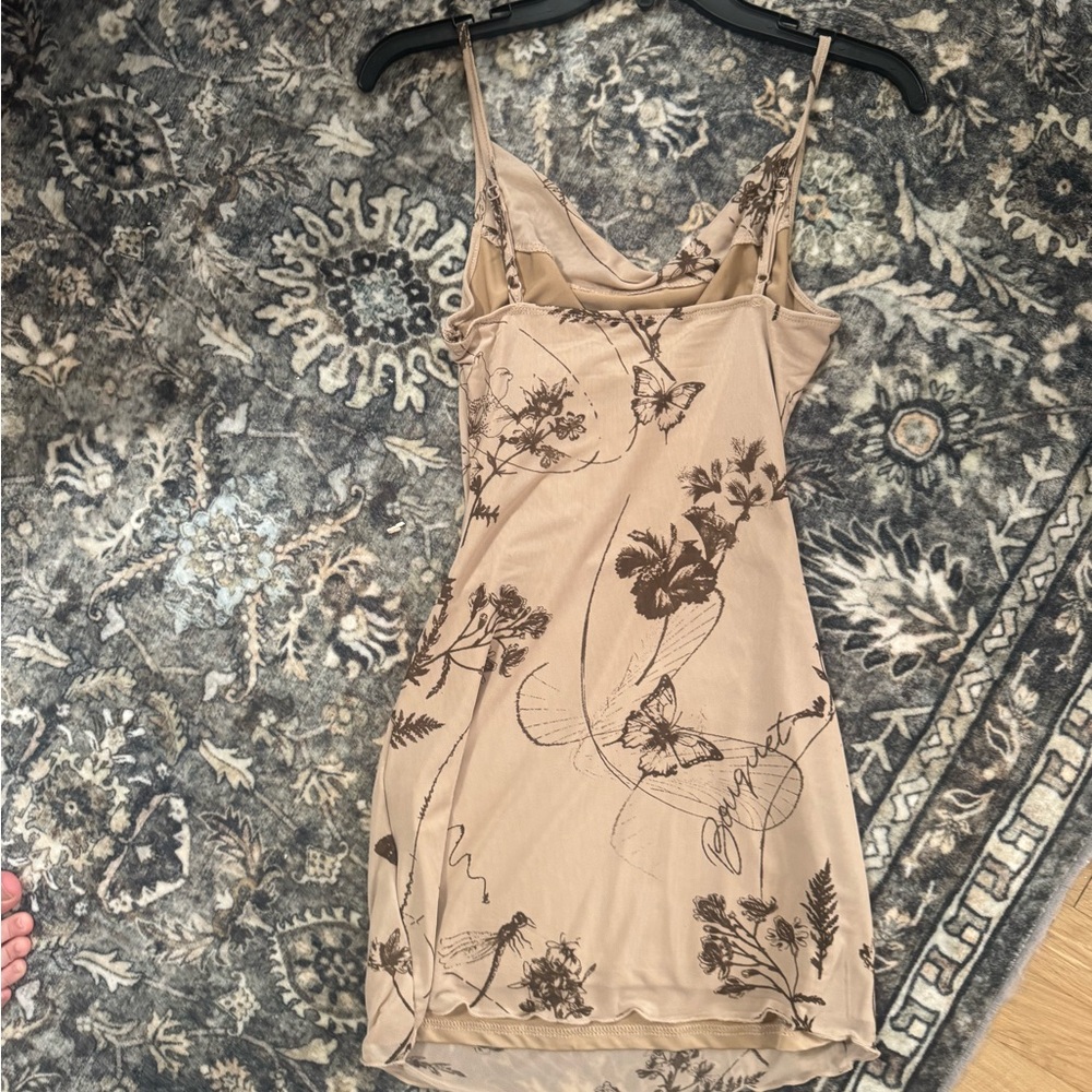 Beige Slip Dress with Brown Floral & Butterfly Print - Picture 2 of 3